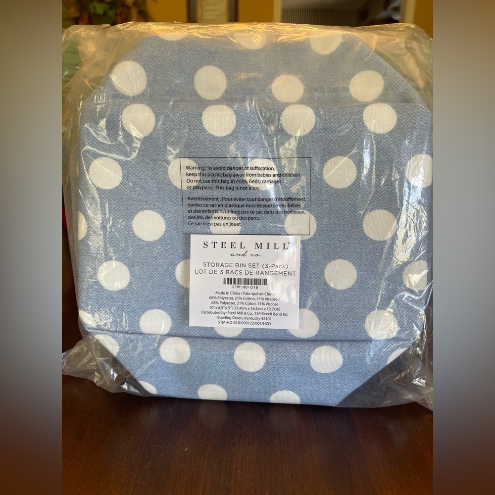 NWT STEEL MILL & CO. Storage Bin Set of 3,  Blue And White Polka Dot - Picture 2 of 4